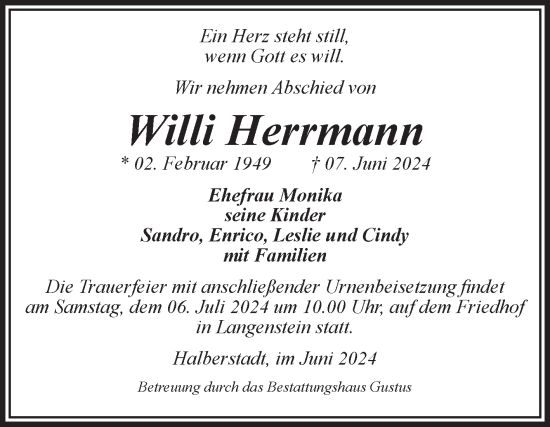 Traueranzeige von Willi Herrmann von Volksstimme Halberstadt