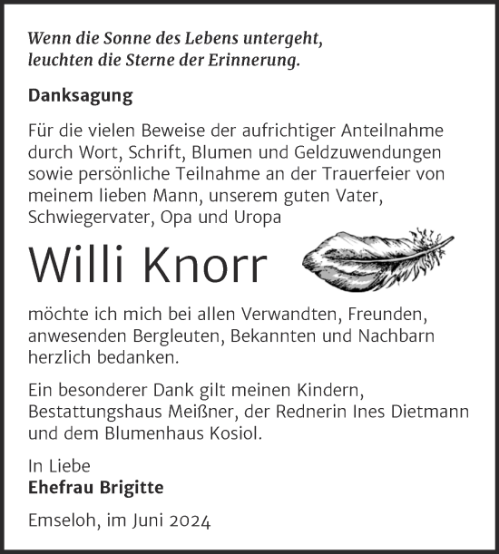 Traueranzeige von Willi Knorr von Trauerkombi Sangerhausen