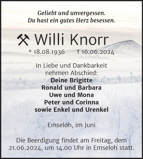 Traueranzeige von Willi Knorr von Mitteldeutsche Zeitung Sangerhausen