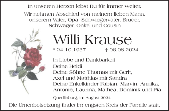Traueranzeige von Willi Krause von Trauerkombi Quedlinburg