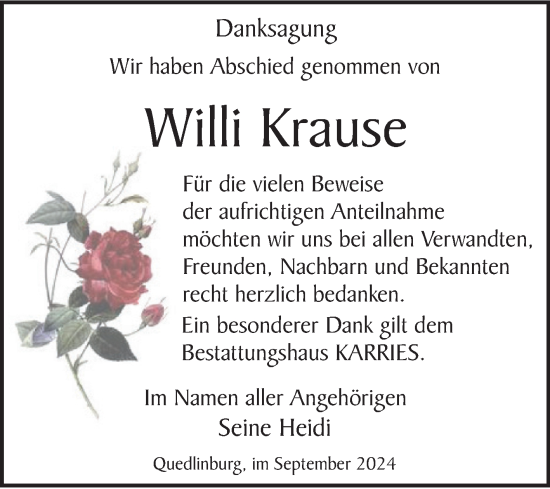 Traueranzeige von Willi Krause von Trauerkombi Quedlinburg