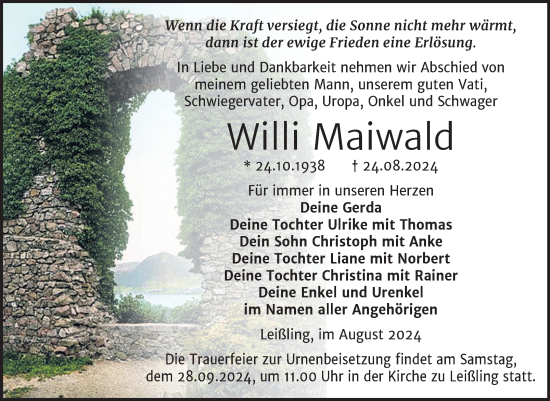 Traueranzeige von Willi Maiwald von Trauerkombi Weißenfels