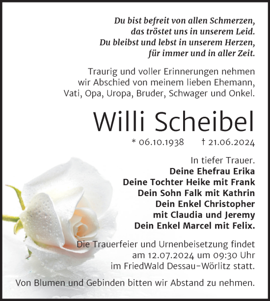 Traueranzeige von Willi Scheibel von Trauerkombi Dessau