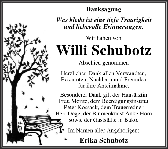 Traueranzeige von Willi Schubotz von Trauerkombi Wittenberg
