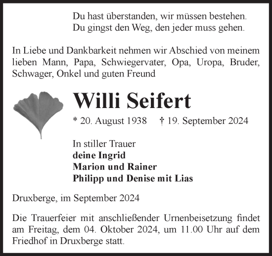 Traueranzeige von Willi Seifert von Volksstimme Oschersleben/Wanzleben