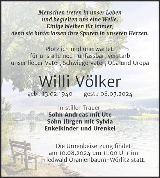 Traueranzeige von Willi Völker von Trauerkombi Wittenberg