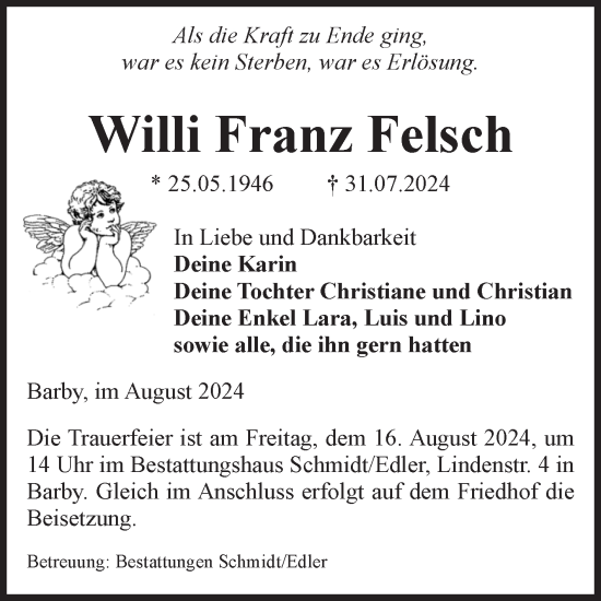 Traueranzeige von Willi Franz Felsch von Volksstimme Schönebeck
