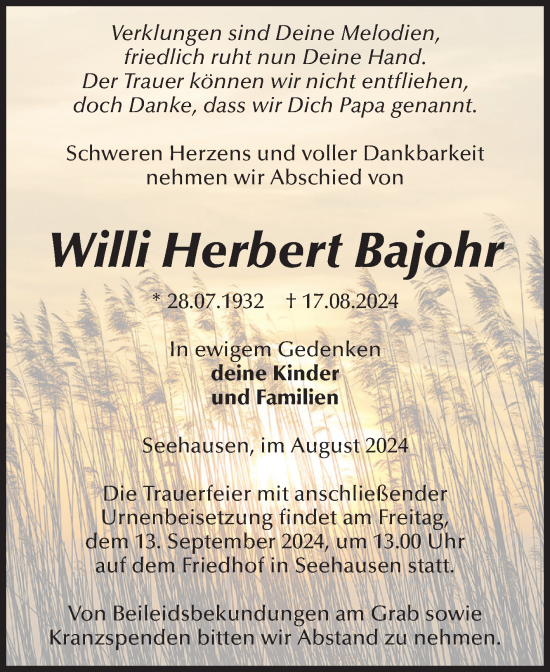 Traueranzeige von Willi Herbert Bajohr von Volksstimme Altmark Ost