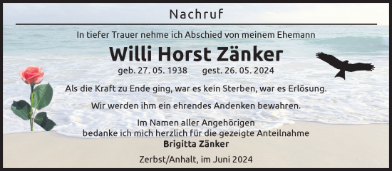 Traueranzeige von Willi Horst Zänker von Volksstimme Zerbst
