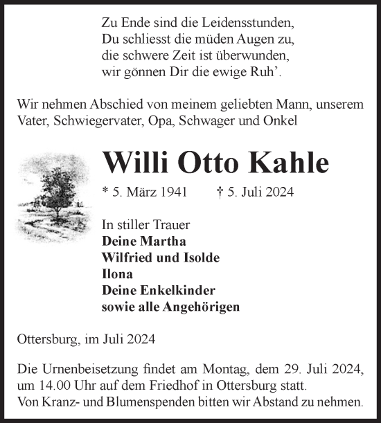 Traueranzeige von Willi Otto Kahle von Volksstimme Altmark Ost