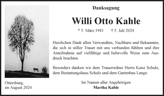 Traueranzeige von Willi Otto Kahle von Volksstimme Altmark Ost