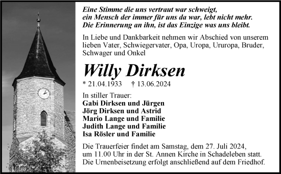 Traueranzeige von Willy Dirksen von Trauerkombi Aschersleben