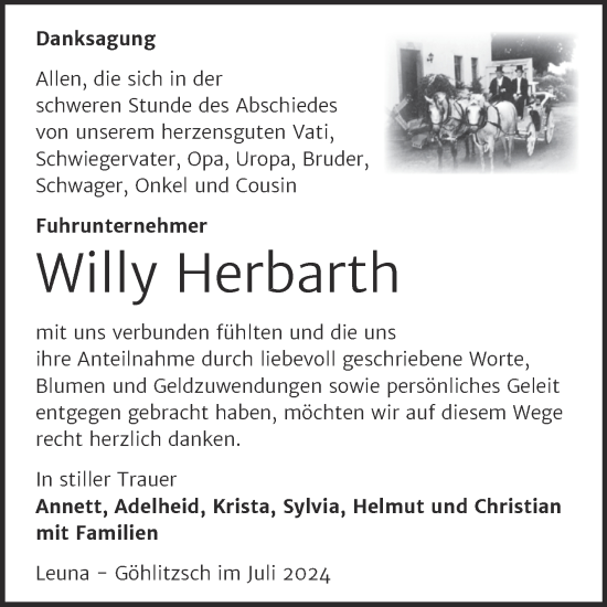 Traueranzeige von Willy Herbarth von Trauerkombi Merseburg