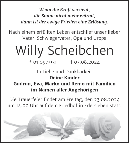 Traueranzeige von Willy Scheibchen von Trauerkombi Sangerhausen
