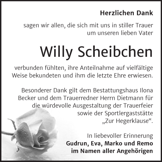 Traueranzeige von Willy Scheibchen von Trauerkombi Sangerhausen