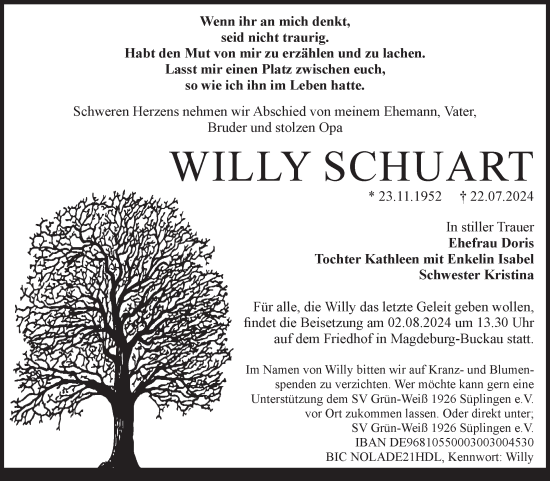 Traueranzeige von Willy Schuart von Volksstimme Magdeburg
