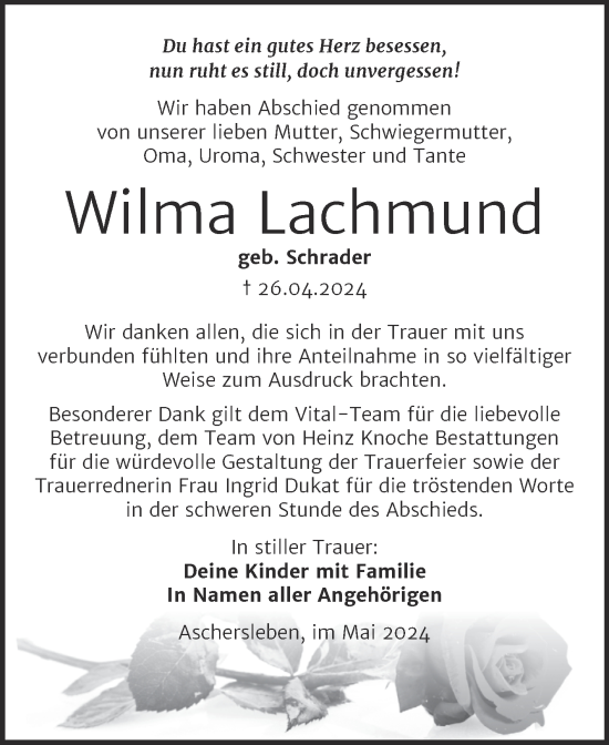 Traueranzeige von Wilma Lachmund von Trauerkombi Aschersleben