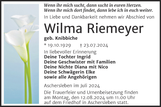 Traueranzeige von Wilma Riemeyer von Trauerkombi Aschersleben