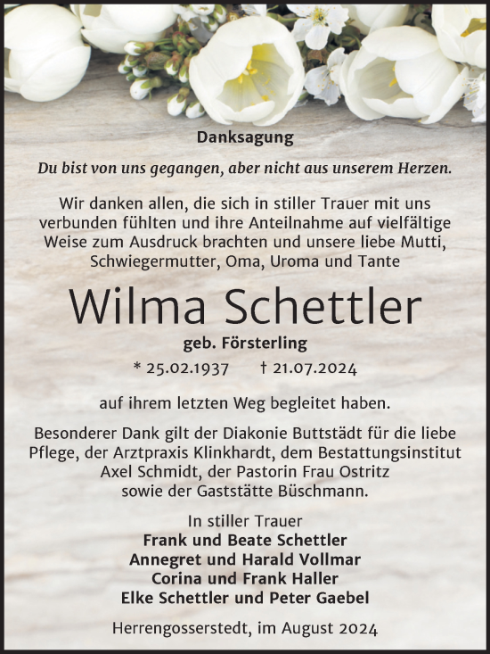Traueranzeige von Wilma Schettler von Super Sonntag Naumburg/Nebra
