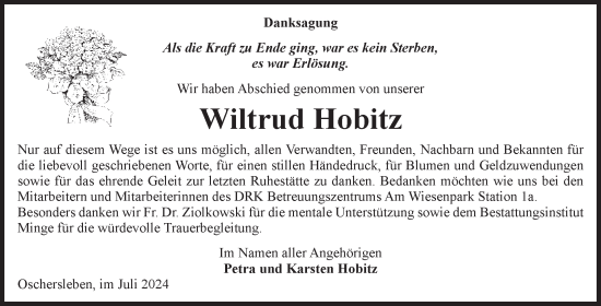 Traueranzeige von Wiltrud Hobitz von Volksstimme Oschersleben/Wanzleben