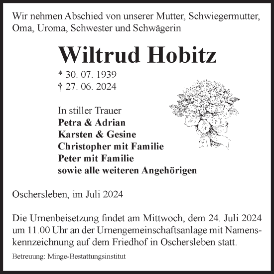 Traueranzeige von Wiltrud Hobitz von Volksstimme Oschersleben/Wanzleben