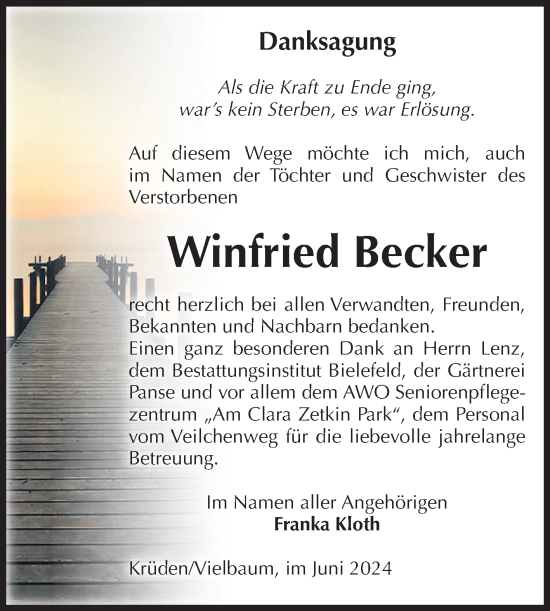 Traueranzeige von Winfried Becker von Volksstimme Altmark Ost
