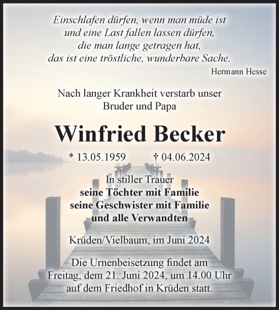 Traueranzeige von Winfried Becker von Volksstimme Altmark Ost