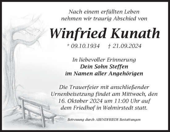 Traueranzeige von Winfried Kunath von Volksstimme Haldensleben/Wolmirstedt