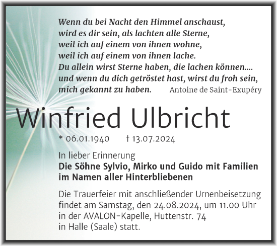 Traueranzeige von Winfried Ulbricht von Mitteldeutsche Zeitung Halle/Saalkreis