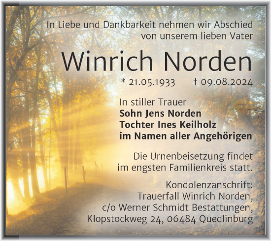 Traueranzeige von Winrich Norden von Mitteldeutsche Zeitung Quedlingburg