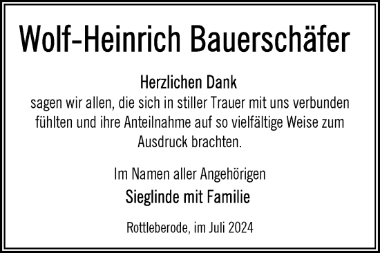 Traueranzeige von Wolf-Heinrich Bauerschäfer von Trauerkombi Sangerhausen