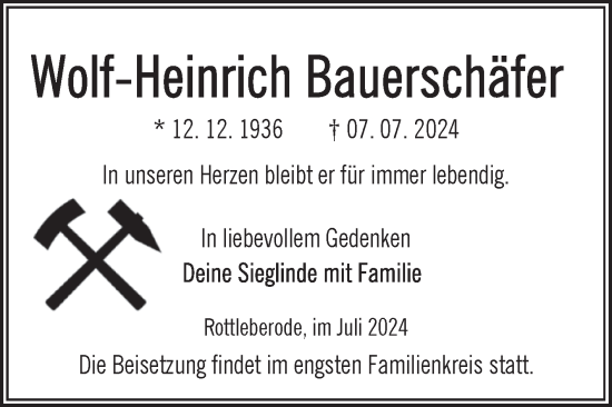 Traueranzeige von Wolf-Heinrich Bauerschäfer von Trauerkombi Sangerhausen