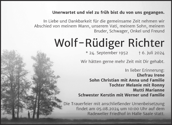 Traueranzeige von Wolf-Rüdiger Richter von Mitteldeutsche Zeitung Halle/Saalkreis
