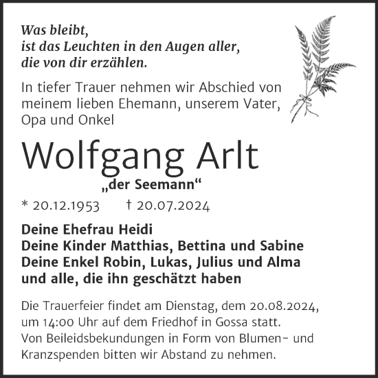 Traueranzeige von Wolfgang Arlt von Trauerkombi Bitterfeld