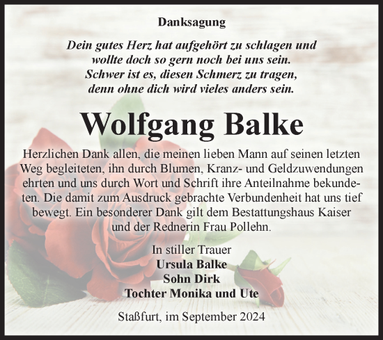 Traueranzeige von Wolfgang Balke von Volksstimme Staßfurt