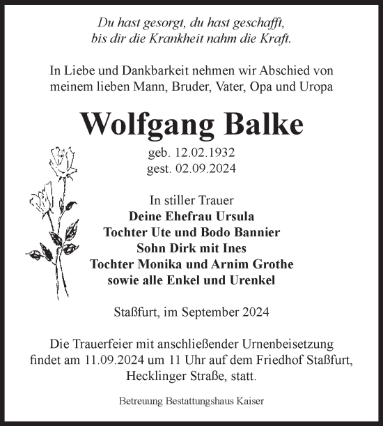 Traueranzeige von Wolfgang Ballee von Volksstimme Staßfurt
