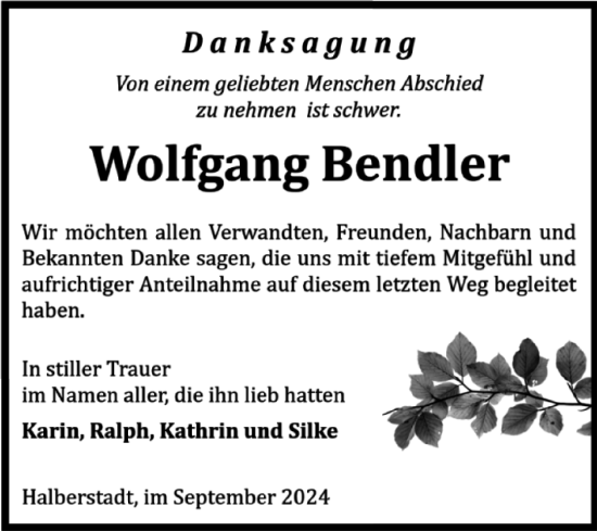 Traueranzeige von Wolfgang Bendler von Volksstimme Halberstadt