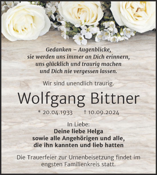 Traueranzeige von Wolfgang Bittner von Trauerkombi Mansfelder Land