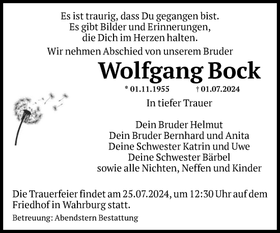 Traueranzeige von Wolfgang Bock von Volksstimme Altmark Ost