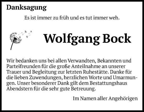 Traueranzeige von Wolfgang Bock von Volksstimme Altmark Ost