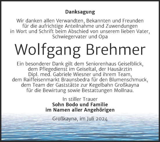 Traueranzeige von Wolfgang Brehmer von Trauerkombi Merseburg