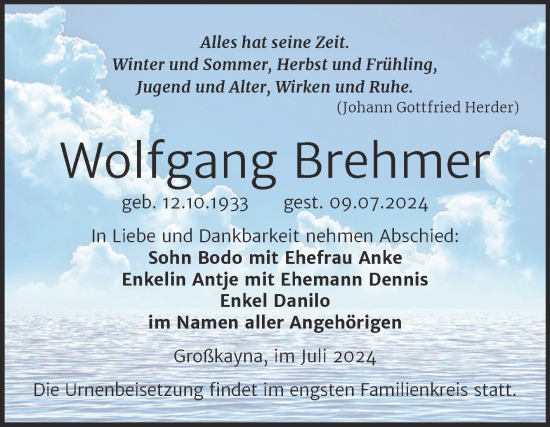 Traueranzeige von Wolfgang Brehmer von Trauerkombi Merseburg