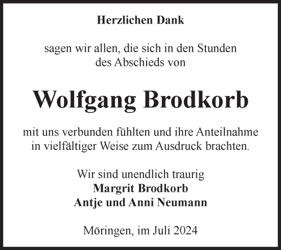 Traueranzeige von Wolfgang Brodkorb von Volksstimme Altmark Ost