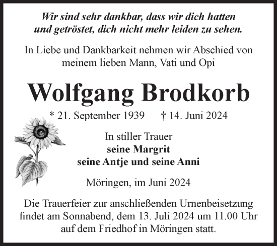 Traueranzeige von Wolfgang Brodkorb von Volksstimme Altmark Ost