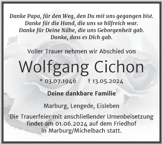 Traueranzeige von Wolfgang Cichon von Trauerkombi Mansfelder Land