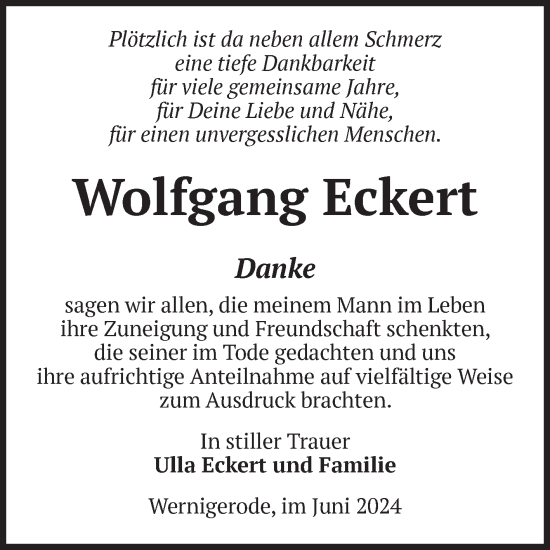 Traueranzeige von Wolfgang Eckert von Volksstimme Wernigerode