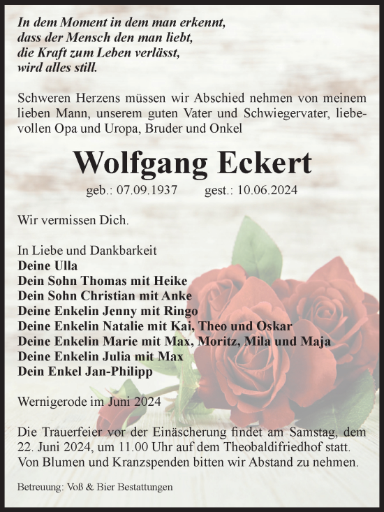 Traueranzeige von Wolfgang Eckert von Volksstimme Wernigerode