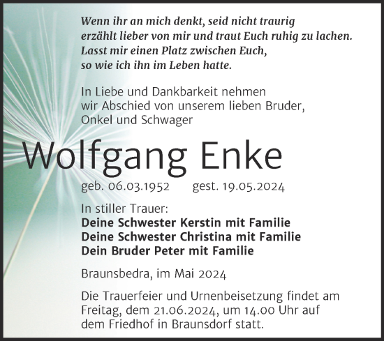 Traueranzeige von Wolfgang Enke von Trauerkombi Merseburg
