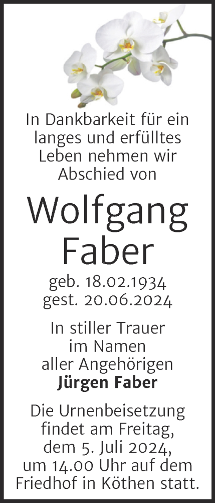 Traueranzeige von Wolfgang Faber von Trauerkombi Köthen