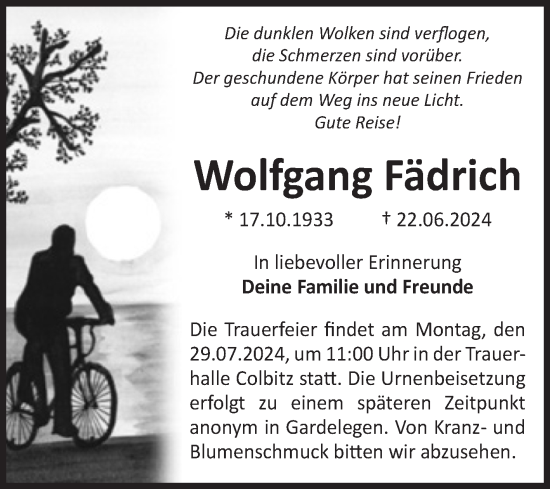 Traueranzeige von Wolfgang Fädrich von Volksstimme Haldensleben/Wolmirstedt